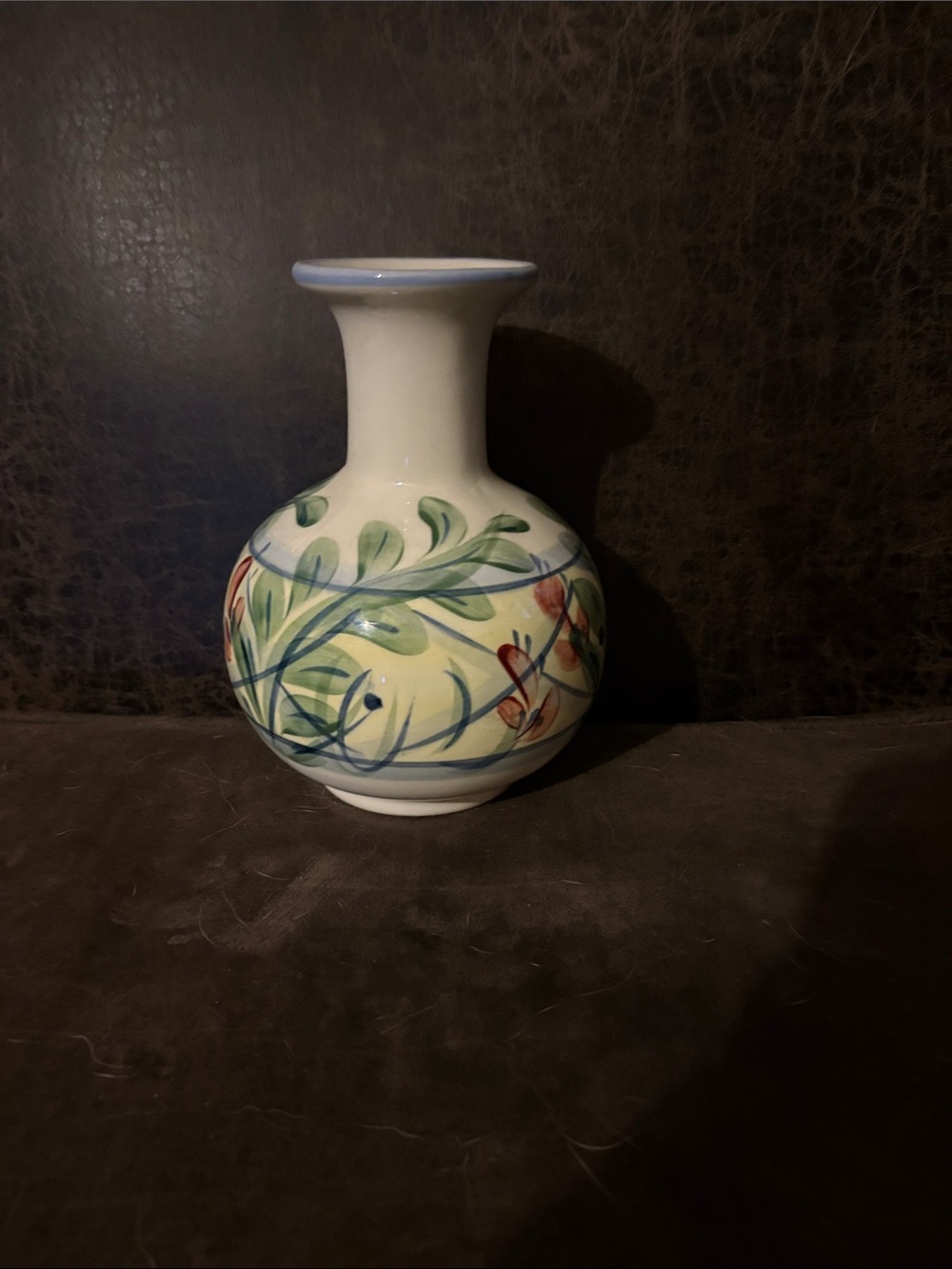 Gail Pittman Hand-Painted White Ceramic Floral Accent Vase with Blue Rim